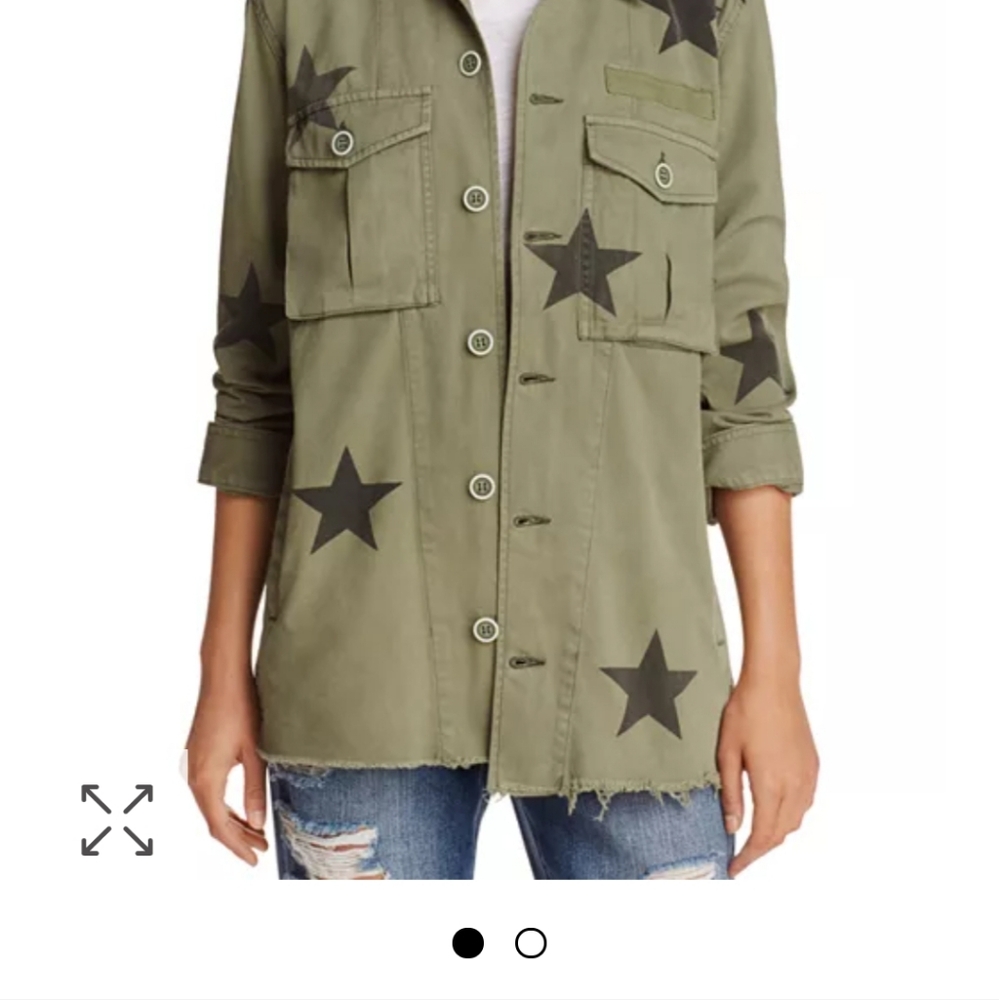 Cotton structured, but soft shirt like jacket. Army green with black stars.